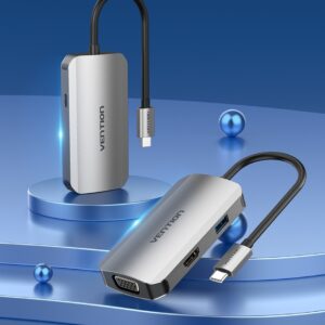Vention USB C Multi-function 4 in 1 Docking Station USB-C to HDMI/VGA/USB 3.0/PD Docking Station 0.15M Gray Aluminum Alloy Type-TOAHB