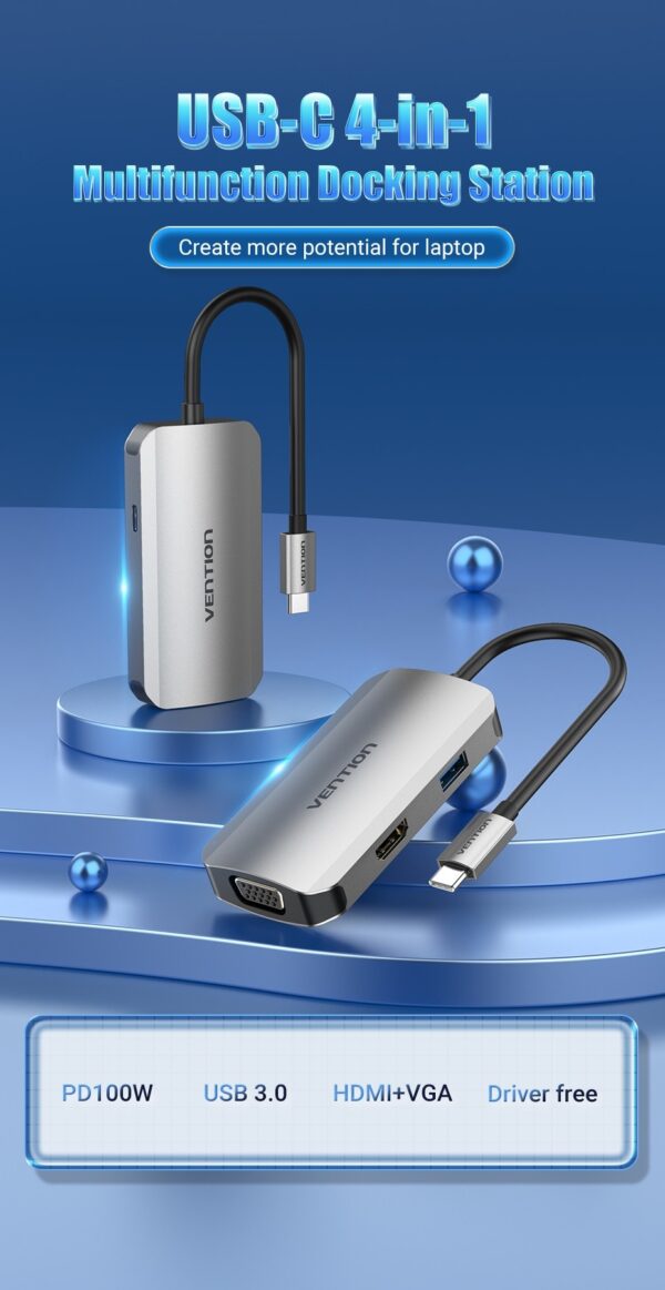 Vention USB C Multi-function 4 in 1 Docking Station USB-C to HDMI/VGA/USB 3.0/PD Docking Station 0.15M Gray Aluminum Alloy Type-TOAHB