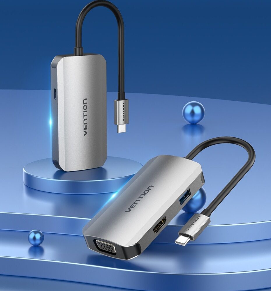 Vention USB C Multi-function 4 in 1 Docking Station USB-C to HDMI/VGA/USB 3.0/PD Docking Station 0.15M Gray Aluminum Alloy Type-TOAHB