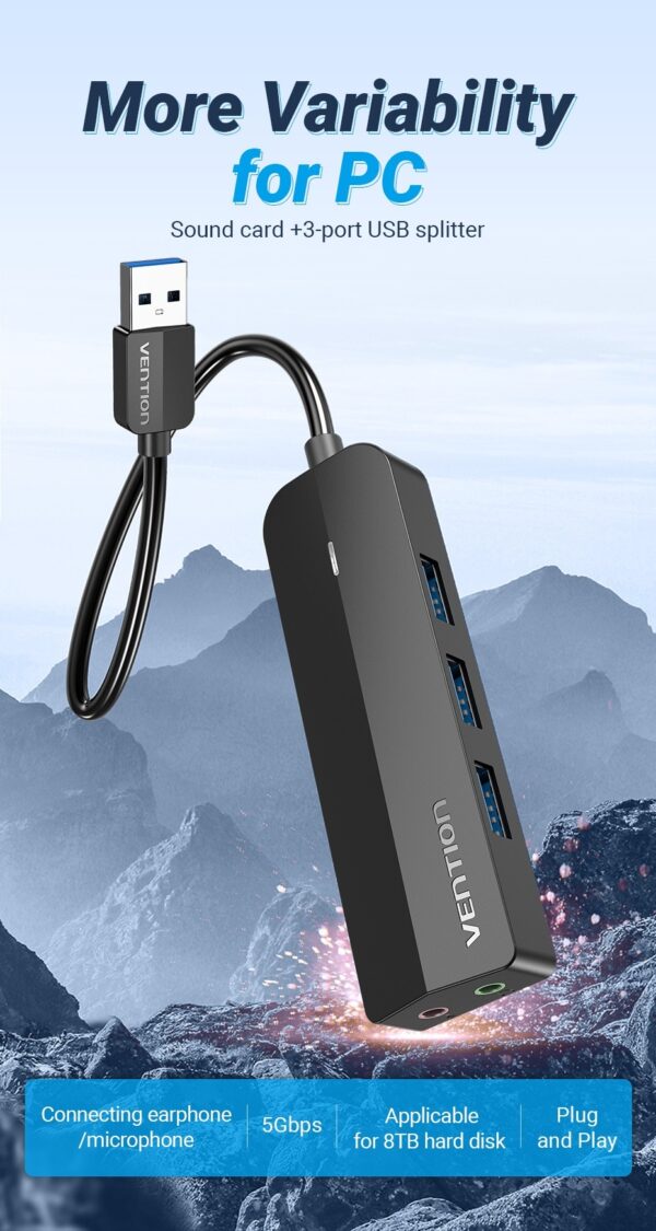 Vention 3-Port USB 3.0 Hub with Sound Card and Power Supply - CHIBB