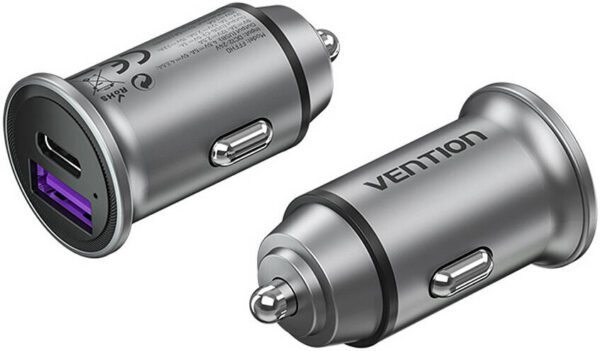 VENTION Two-Port USB A+ USB Type-C (30+30) Car Charger, Gray PD+QC Fast Charger, Gray Mini Style Aluminium Alloy Type, Gray | FFFH0